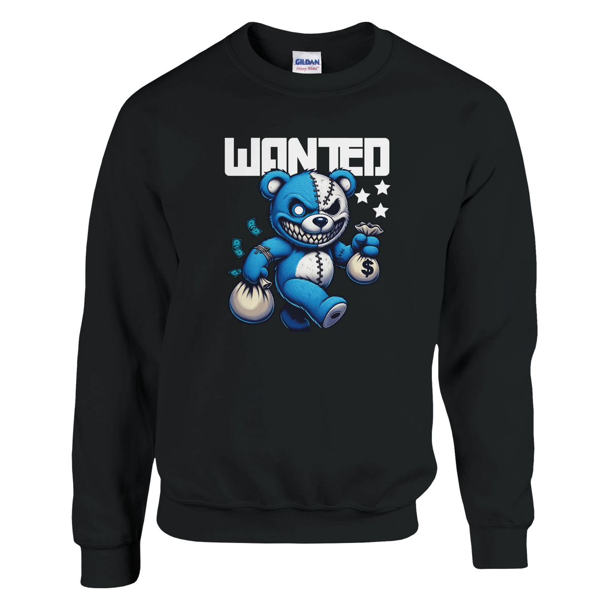 Wanted Teddy Bear men's graphic sweatshirt with blue bear holding money bags on black fabric
