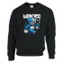 Wanted Teddy Bear men's graphic sweatshirt with blue bear holding money bags on black fabric