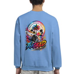Blue sweatshirt back with colorful Tucked petrolhead graphic, featuring lowered custom car and urban palm trees sunset design.