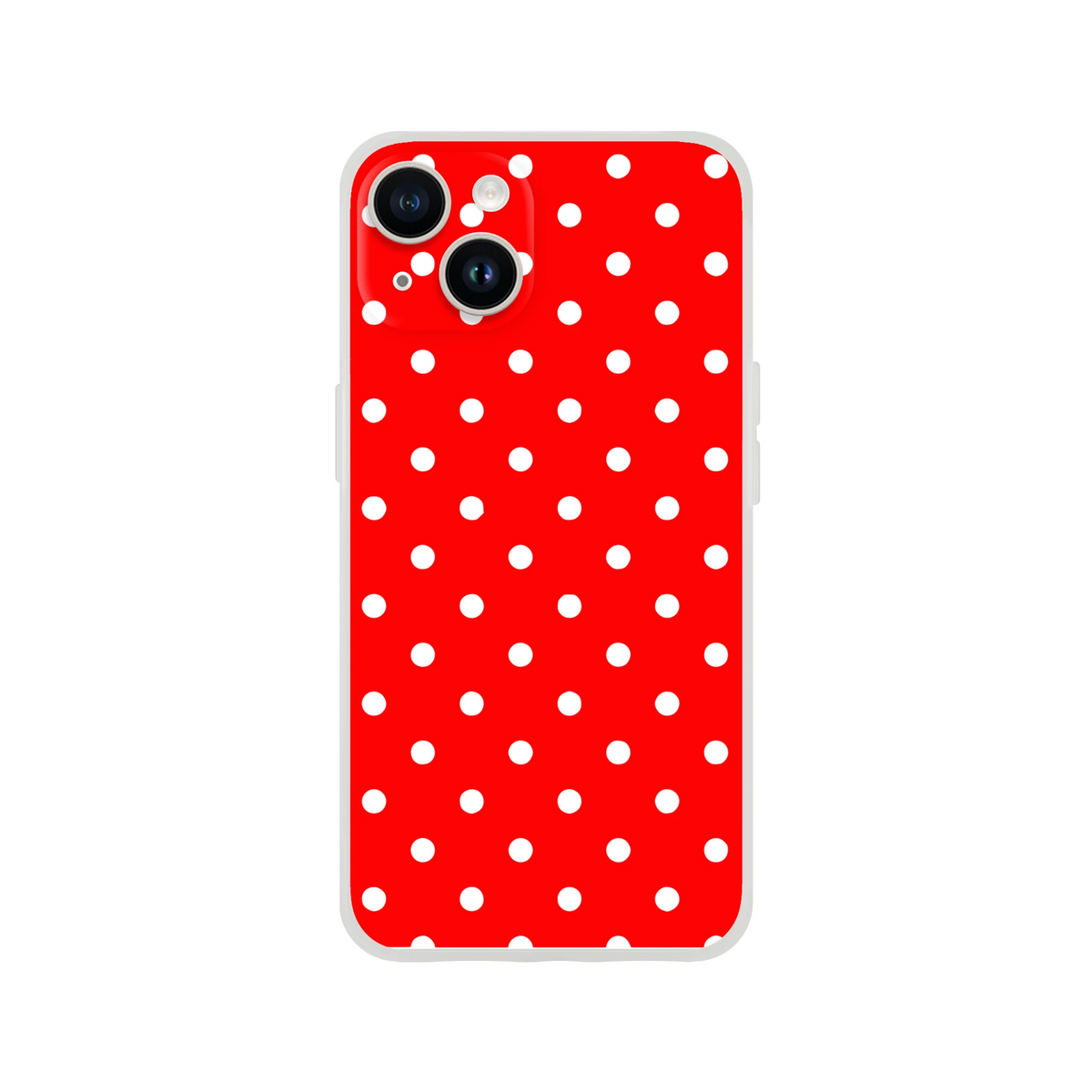 Retro red & white polka dot iPhone case with slim TPU protection designed for models 13 through 16.