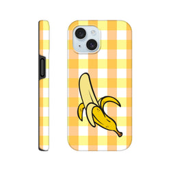 Yellow gingham iPhone case featuring a peeled cartoon banana graphic. Nostalgic checkered tough cover for iPhone 13-16.