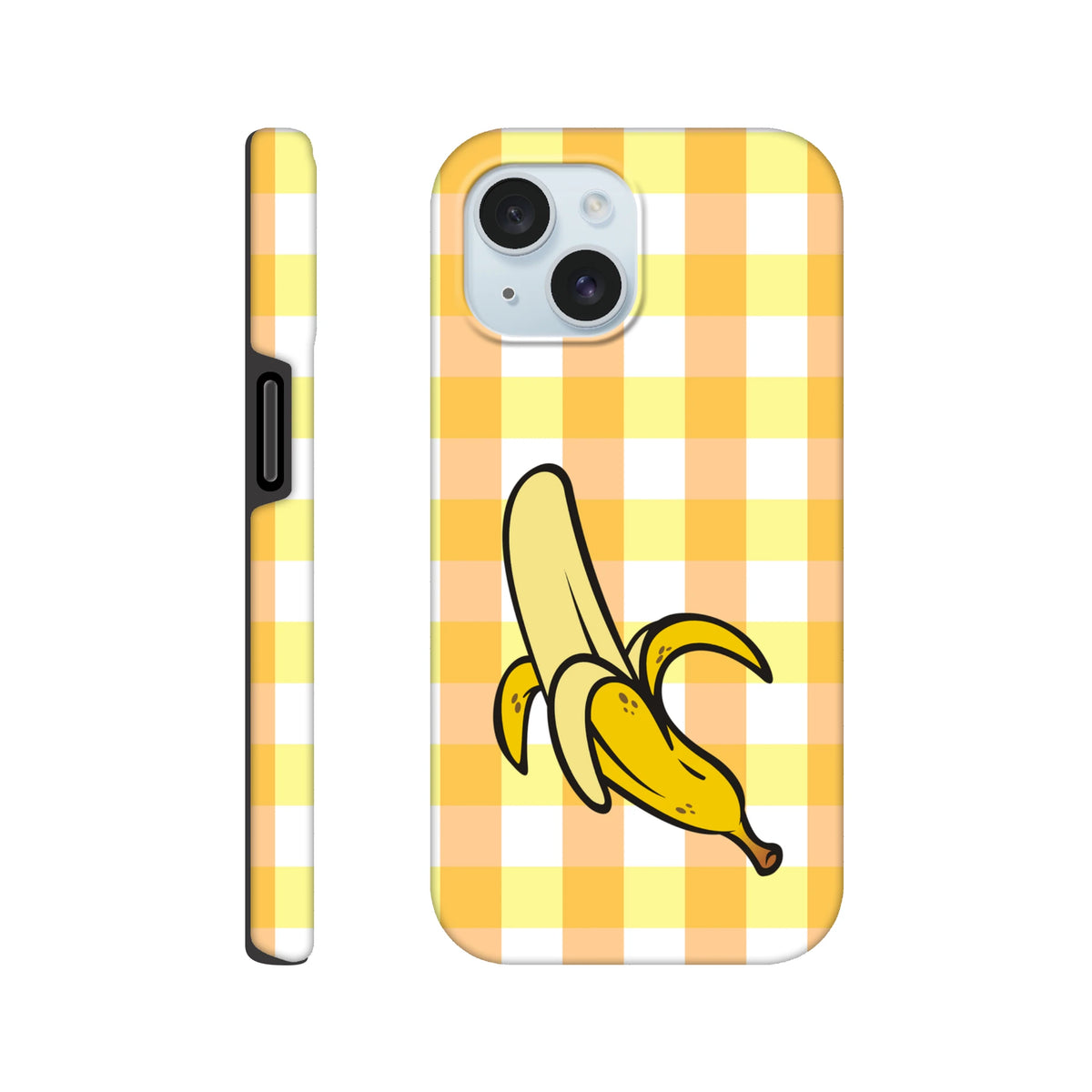 Yellow gingham iPhone case featuring a peeled cartoon banana graphic. Nostalgic checkered tough cover for iPhone 13-16.