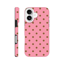 Pink and brown polka dot tough iPhone case with opaque gloss finish and dual-layer shock-absorbing protection for daily bumps.