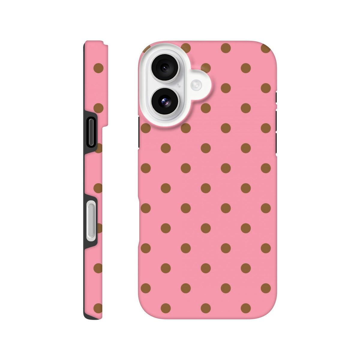 Pink and brown polka dot tough iPhone case with opaque gloss finish and dual-layer shock-absorbing protection for daily bumps.