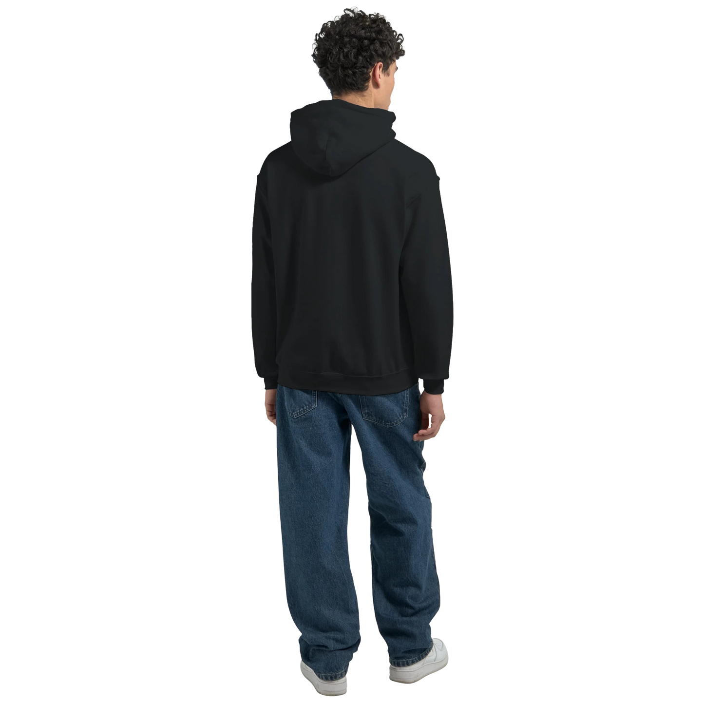 Person wearing a black men's teddy bear hoodie and blue jeans on a white background. 6