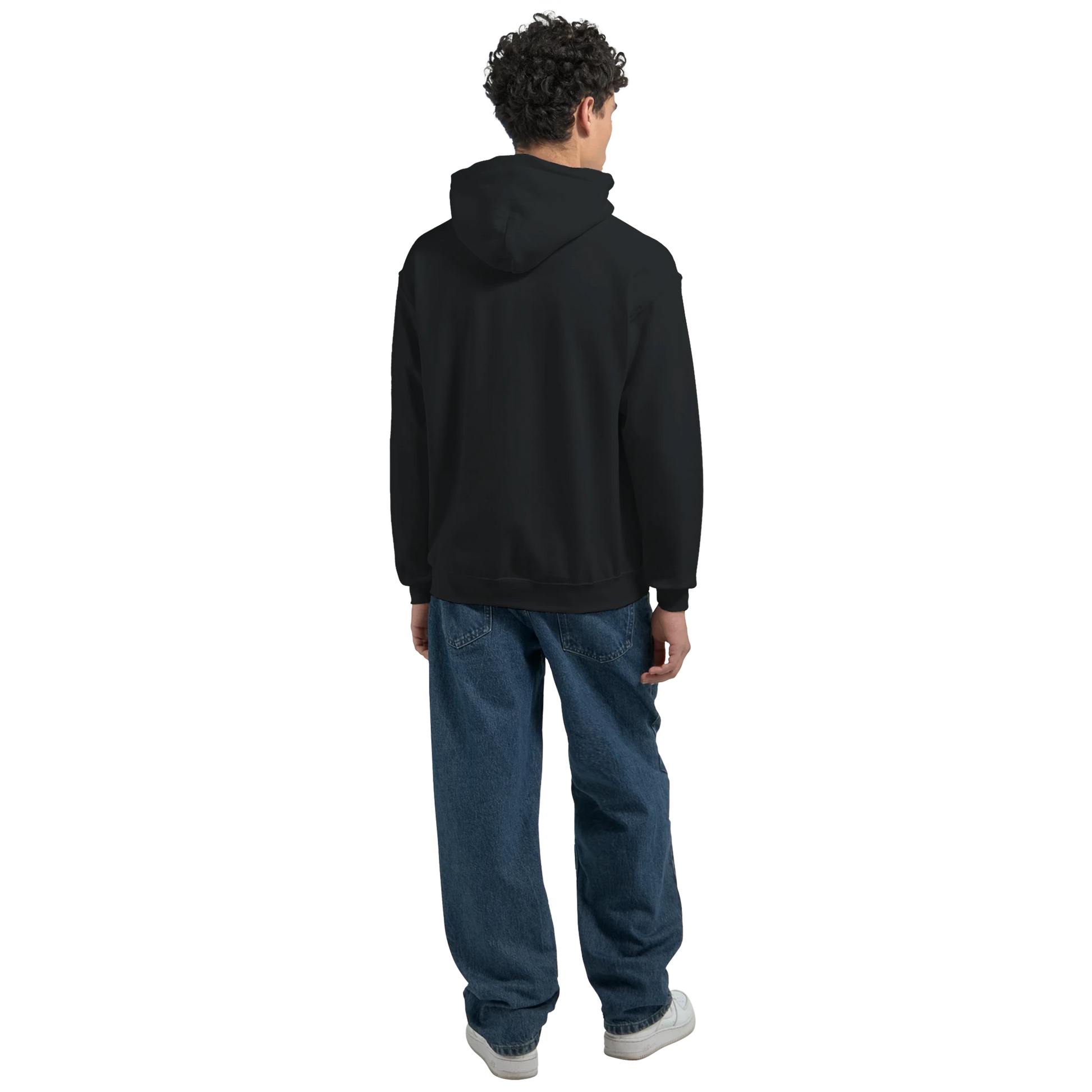 Person wearing a black men's teddy bear hoodie and blue jeans on a white background. 6