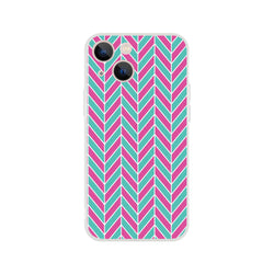 Pink and turquoise herringbone pattern iPhone case with matte finish, designed for impact protection and wireless charging on iPhone 13-16 models.