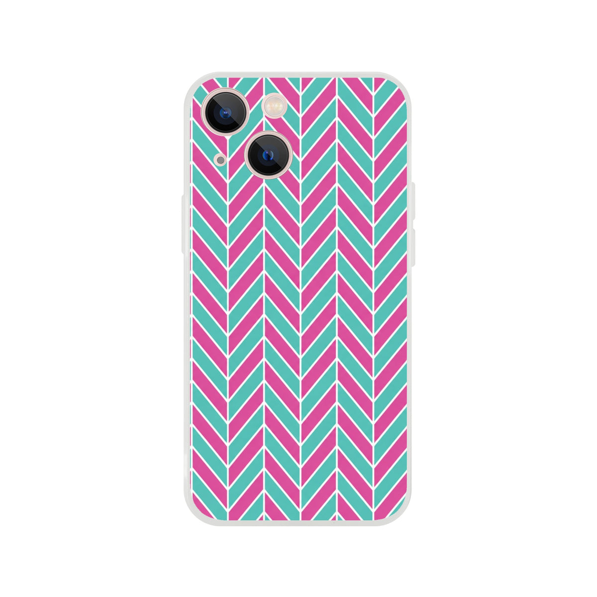 Pink and turquoise herringbone pattern iPhone case with matte finish, designed for impact protection and wireless charging on iPhone 13-16 models.