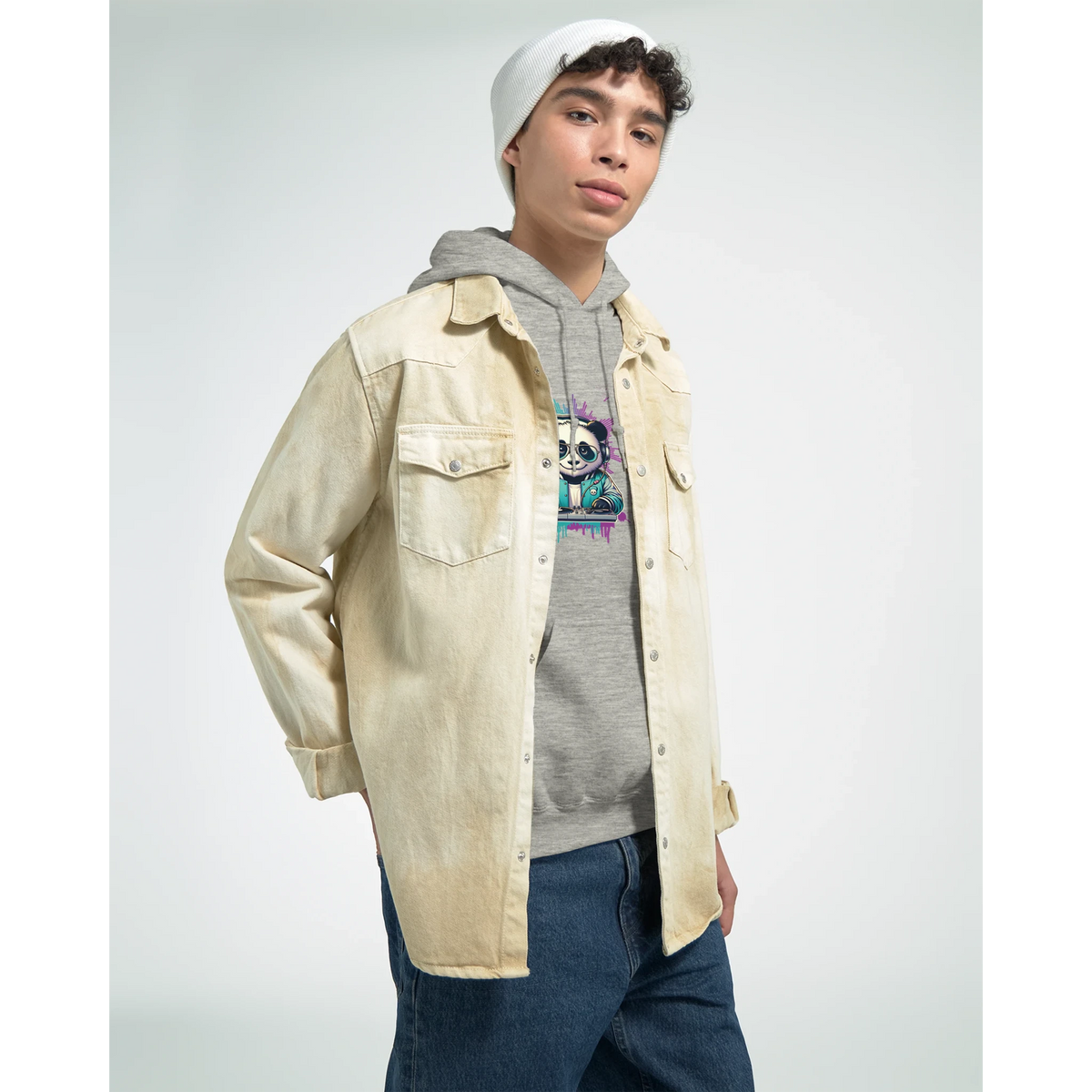 Panda DJ Men's Graphic Hoodie, soft cotton-poly blend in White/Grey/Pink/Blue, sizes S–XL, model wearing tan jacket.