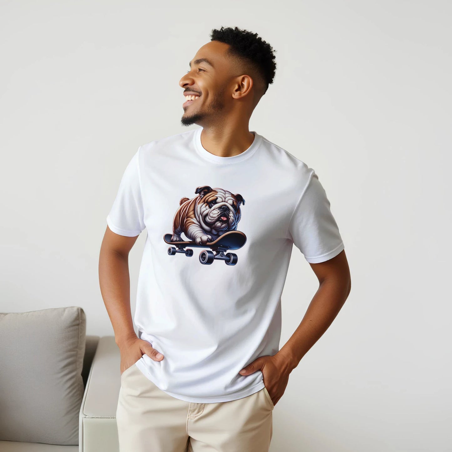 Man wearing Skateboarding Bull Dog T-Shirt with bulldog on skateboard graphic, white cotton-blend tee.