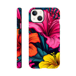 Vibrant pink, orange, and yellow hibiscus flower pattern on a tough iPhone case with wraparound tropical design.