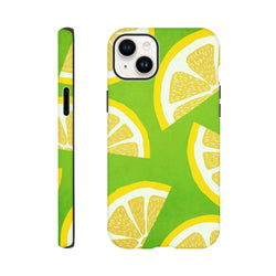 Green iPhone case featuring a bold yellow lemon slice pattern, offering shock-absorbing protection and a citrus street style.