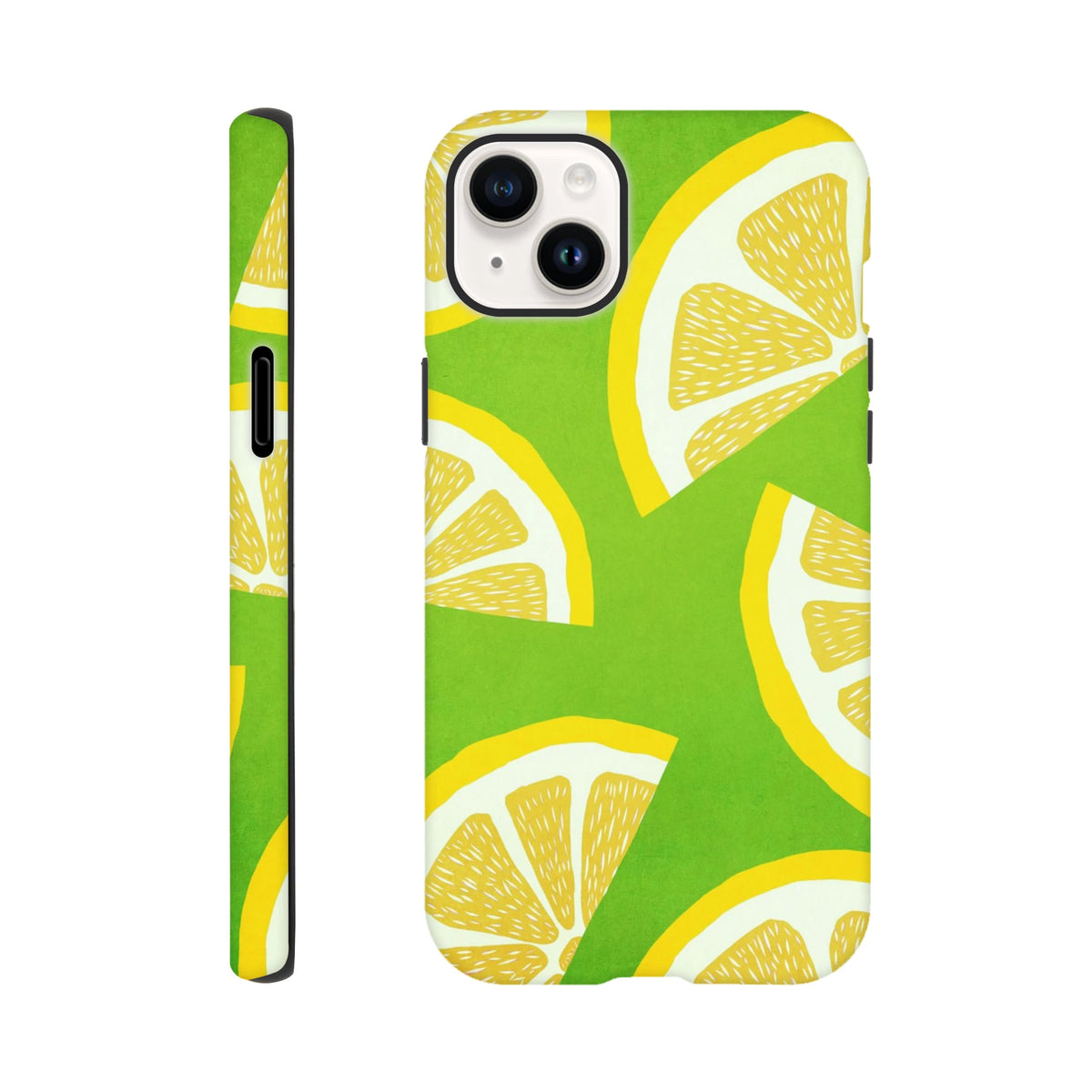 Green iPhone case featuring a bold yellow lemon slice pattern, offering shock-absorbing protection and a citrus street style.