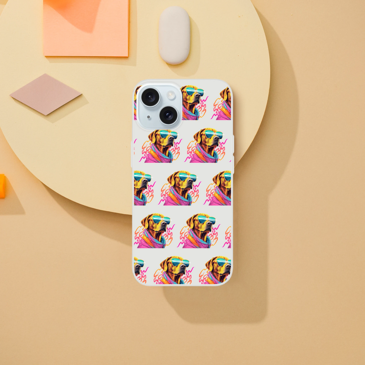 Slim transparent iPhone case featuring a colorful dog wearing sunglasses in a repeating pattern