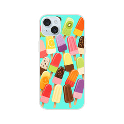 Retro summer popsicle iPhone case featuring a colorful retro ice lolly pattern in various flavors against a turquoise background.