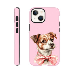 Pink tough iPhone case featuring a cute dog wearing a patterned pink bow tie. Shock-absorbent flex cover protects against drops and scuffs.