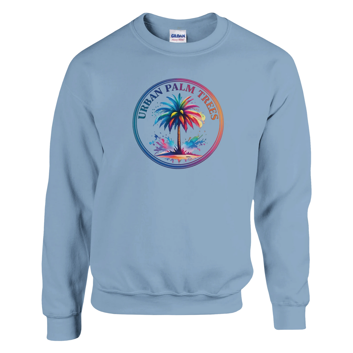 Urban Palm Trees Sweatshirt with a colorful palm tree in a rainbow circle on light blue for women