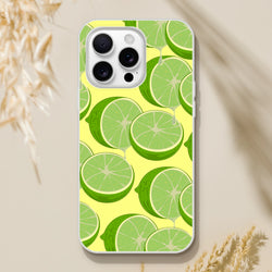 Lime-slice iPhone case for 13-16 with a slim matte shell and vibrant lime print on a yellow background.