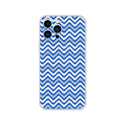 Blue wavy stripe iPhone case with retro geometric pattern and frosty transparent back for shock absorption