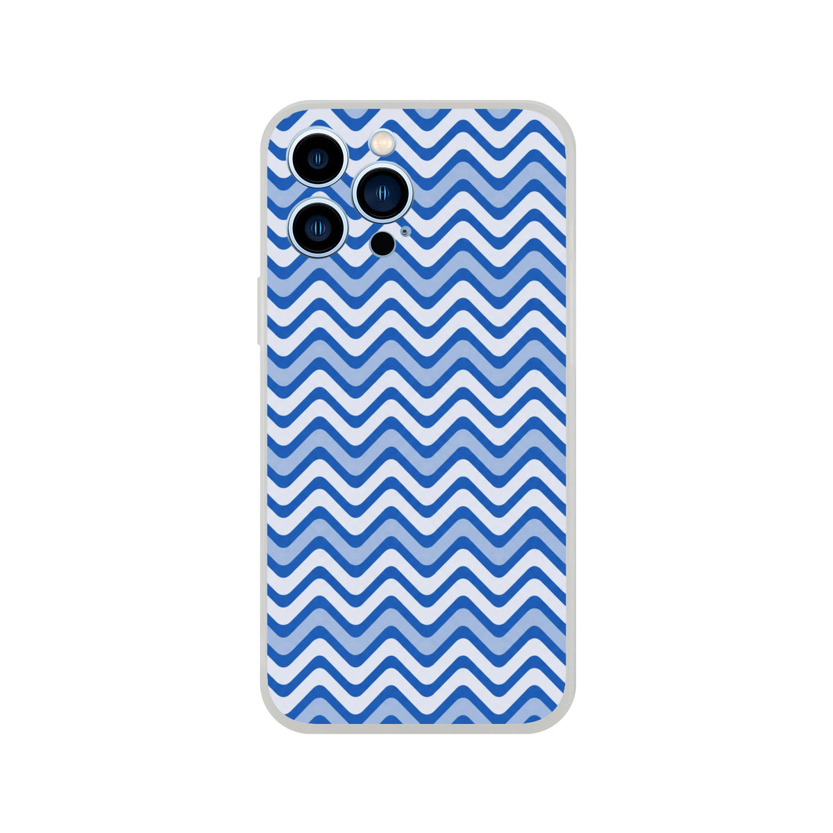 Blue wavy stripe iPhone case with retro geometric pattern and frosty transparent back for shock absorption
