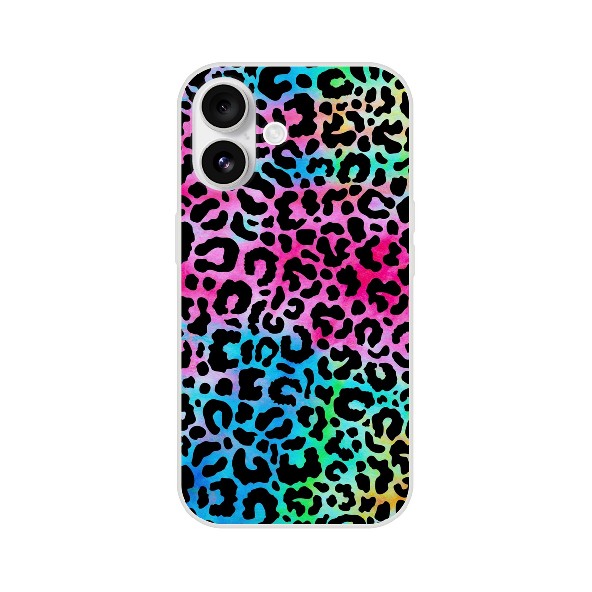 Rainbow animal-print leopard iPhone case for iPhone 13-16 with a slim matte finish.