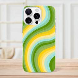 Green and yellow retro wave iPhone case with bold wavy stripes, Y2K aesthetic tough phone cover for streetwear style.