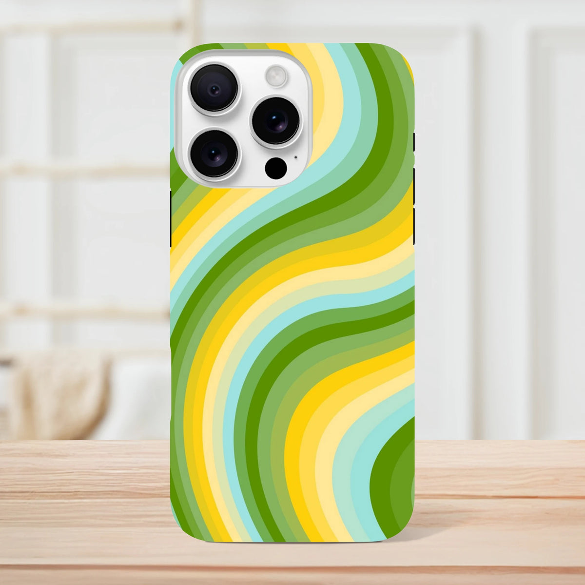 Green and yellow retro wave iPhone case with bold wavy stripes, Y2K aesthetic tough phone cover for streetwear style.