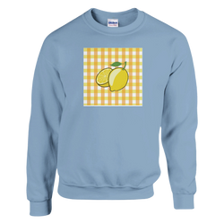 Light blue sweatshirt featuring a retro yellow lemon graphic on a gingham check background. Cute fruit print jumper for a vintage aesthetic.
