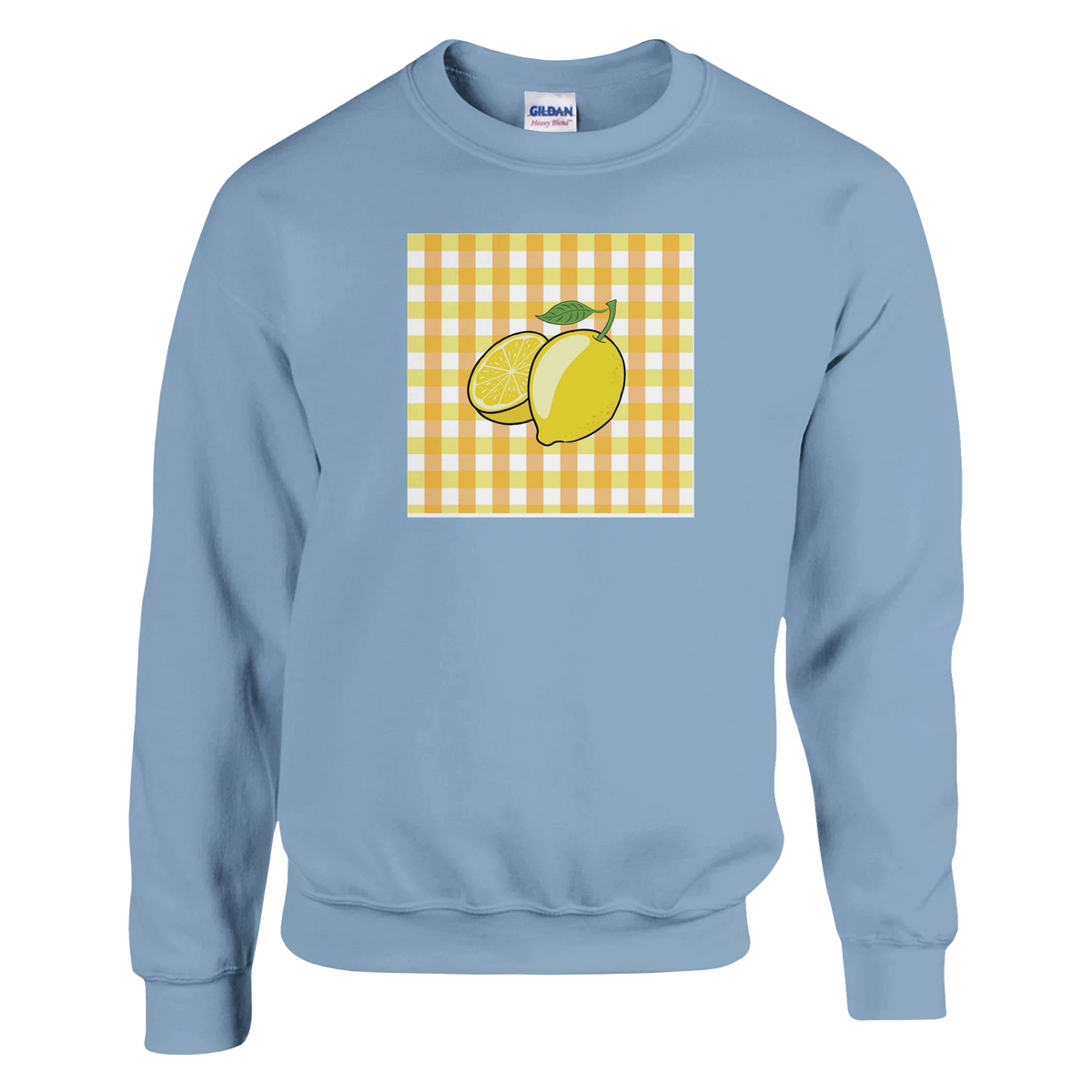 Light blue sweatshirt featuring a retro yellow lemon graphic on a gingham check background. Cute fruit print jumper for a vintage aesthetic.