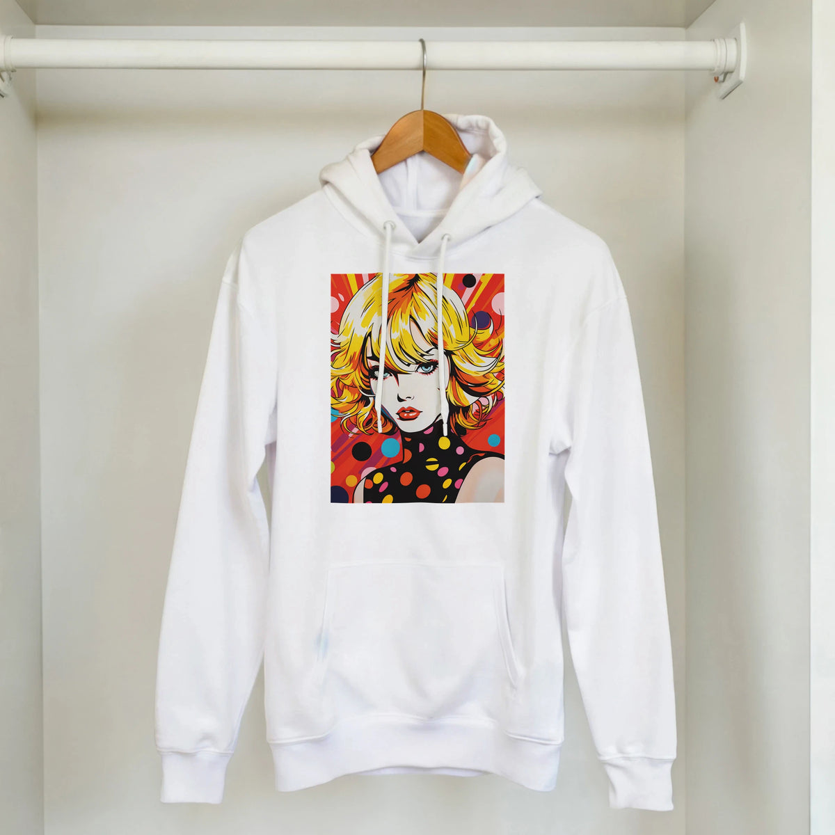 White pullover hoodie featuring bold retro blonde pop art woman graphic with colorful dots and vintage streetwear design.