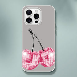 Y2K Glitter Cherries iPhone Case (13-16) Retro Aesthetic—glittery cherry motif on a slim gray matte cover.