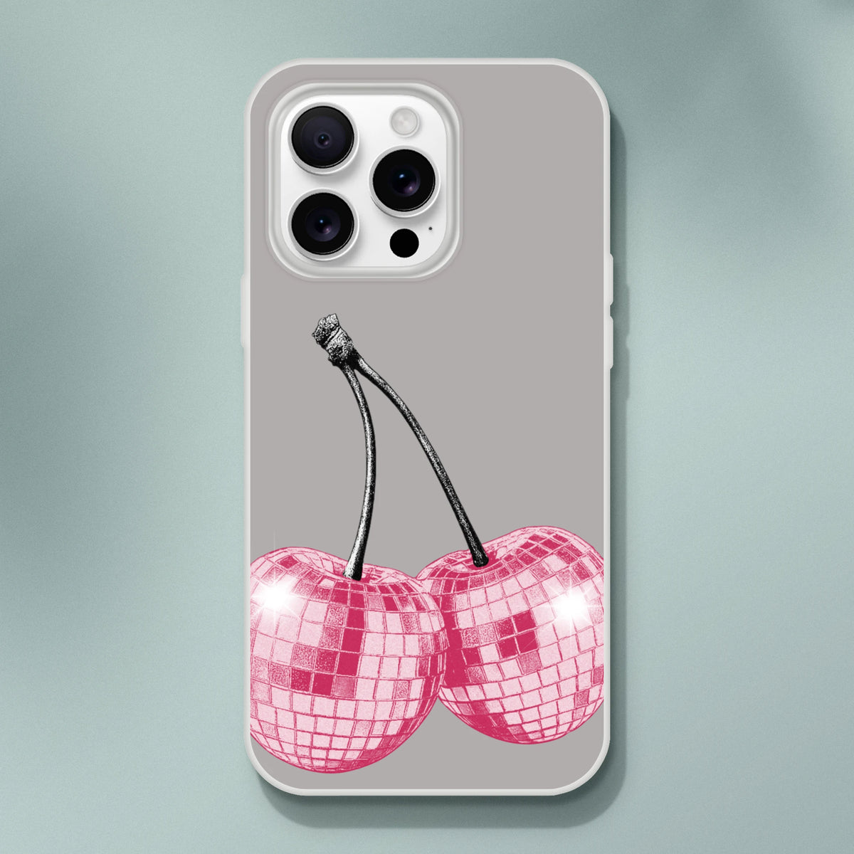 Y2K Glitter Cherries iPhone Case (13-16) Retro Aesthetic—glittery cherry motif on a slim gray matte cover.