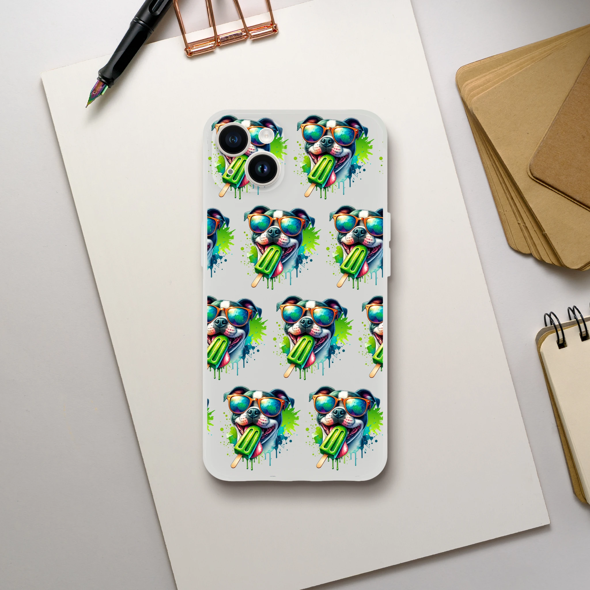 Chill dog design on a slim frosted transparent phone case with dogs wearing sunglasses and popsicles.