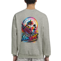 Gray sweatshirt back featuring "Low Life" graphic with shock absorber, palm trees, and "Urban Palm Trees" text.