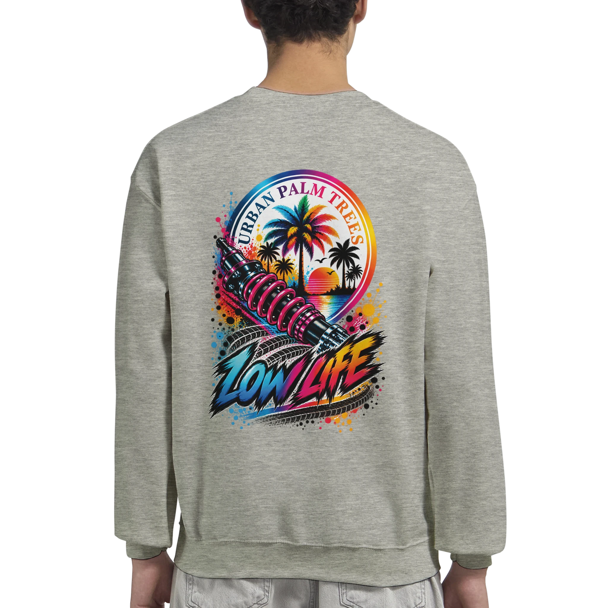 Gray sweatshirt back featuring "Low Life" graphic with shock absorber, palm trees, and "Urban Palm Trees" text.