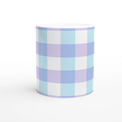 Pastel blue and lavender gingham ceramic mug with a white interior, cute checkered coffee cup.