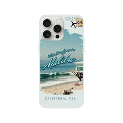 Vintage Malibu postcard iPhone case for iPhone 13–16 with palm trees and ocean waves.