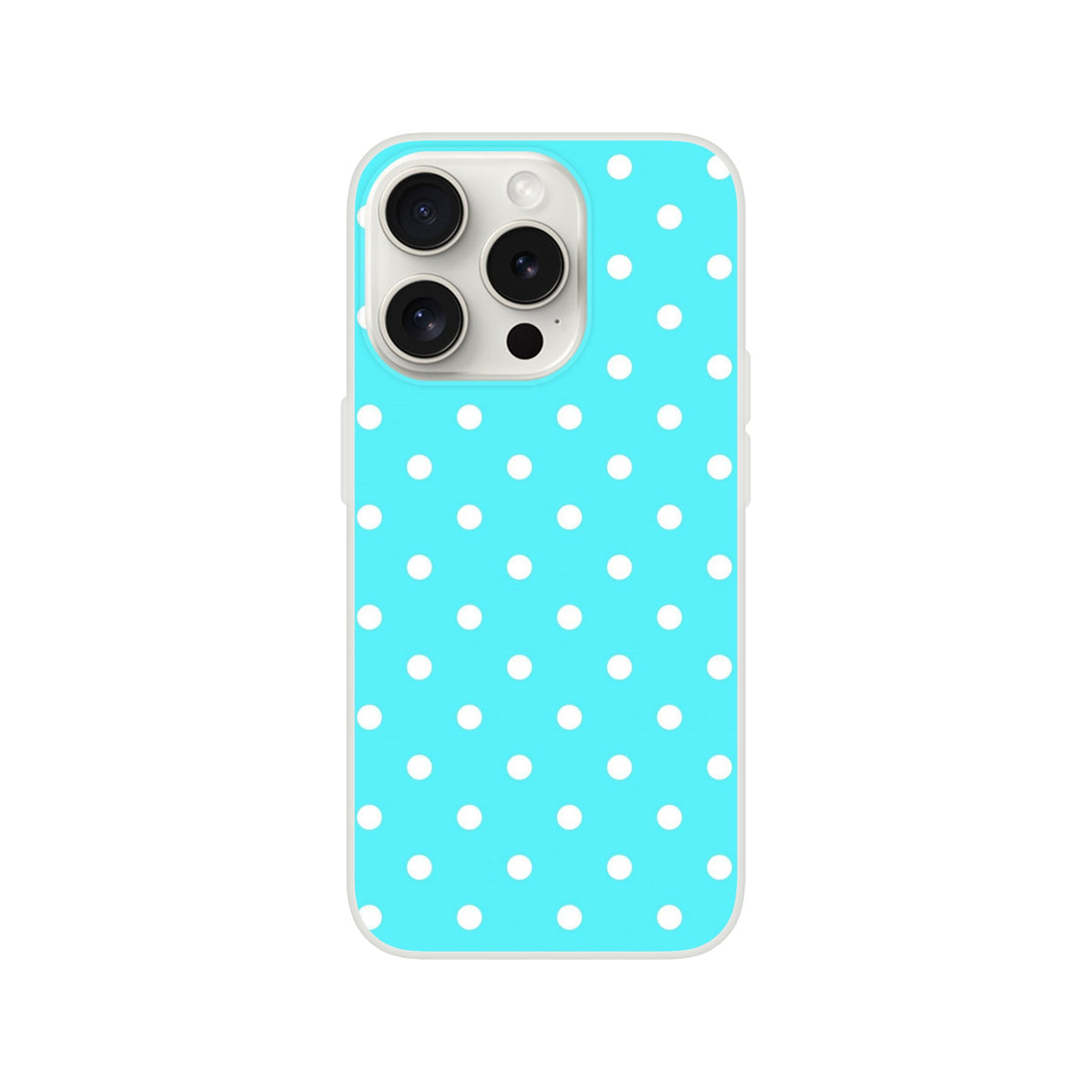Retro aqua blue iPhone case with white polka dots. Slim TPU cover with matte finish and shock absorption for models 13-16.