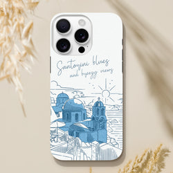 Santorini Blues phone case featuring blue Greek island dome architecture illustration and "breezy views" script on a white tough iPhone cover.