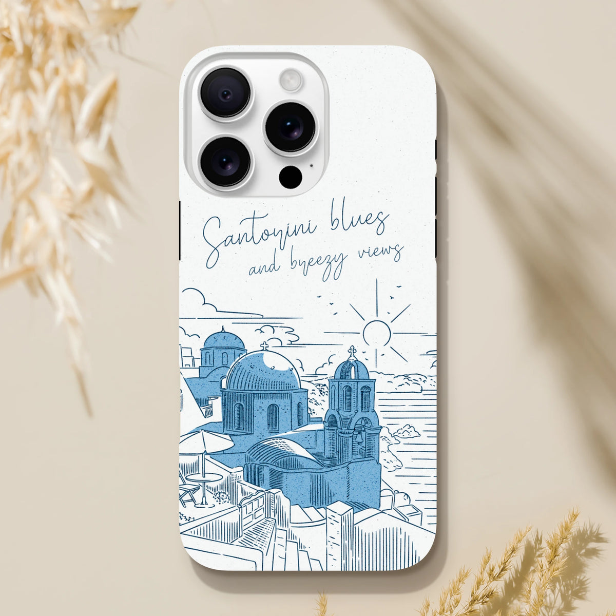 Santorini Blues phone case featuring blue Greek island dome architecture illustration and "breezy views" script on a white tough iPhone cover.