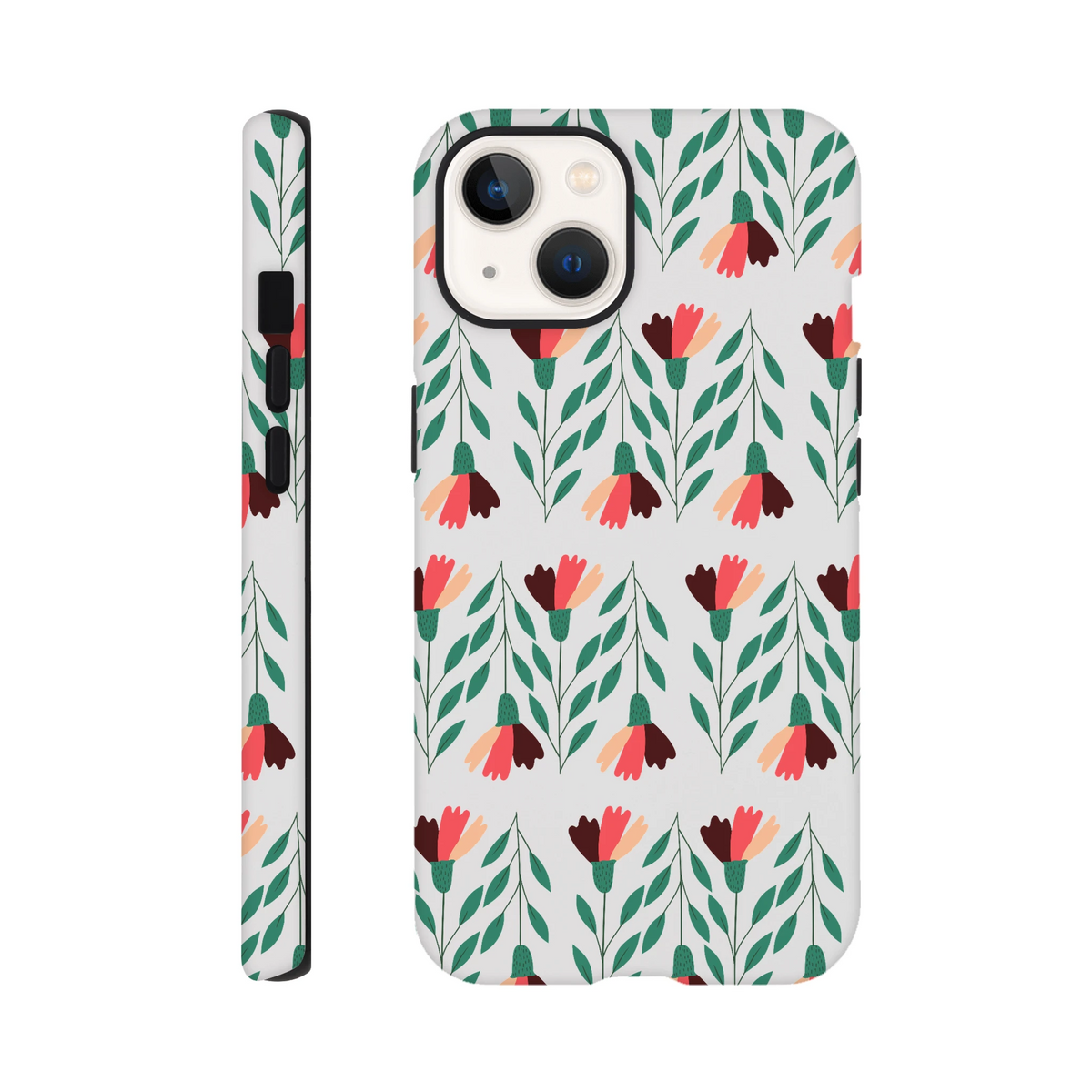 Floral wraparound print on back and sides, tough protective case with double-layer gloss finish for iPhone 16 15 14 13