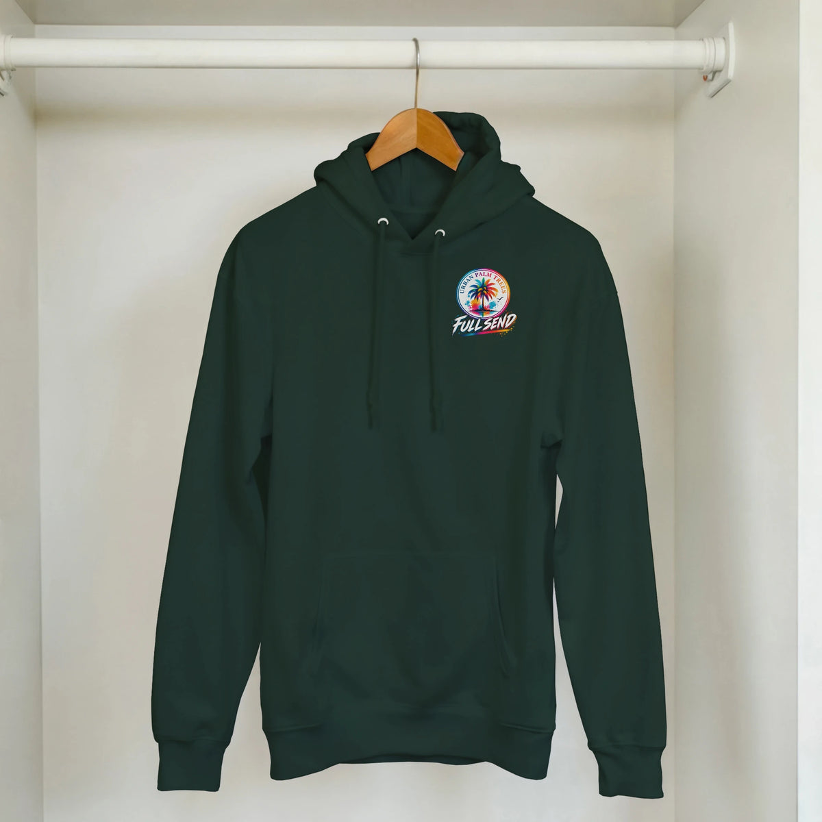 Dark green built not bought hoodie for men featuring a tropical palm tree emblem and full send text, perfect for modified car culture streetwear.