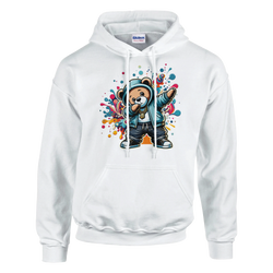 Men's white hoodie with Dab Teddy Bear graphic and colorful splash background.