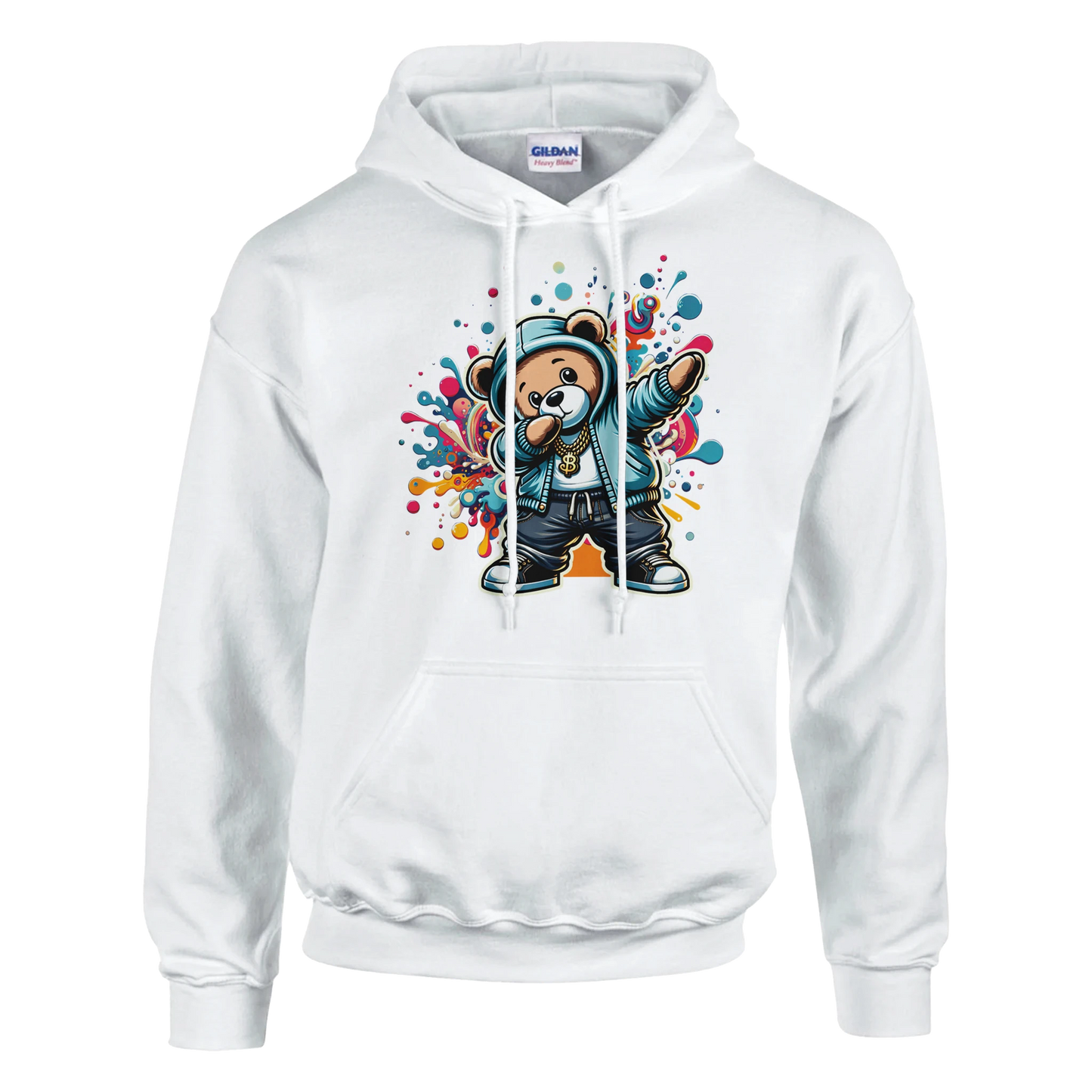White men's teddy bear hoodie with a colorful bear graphic on a white background