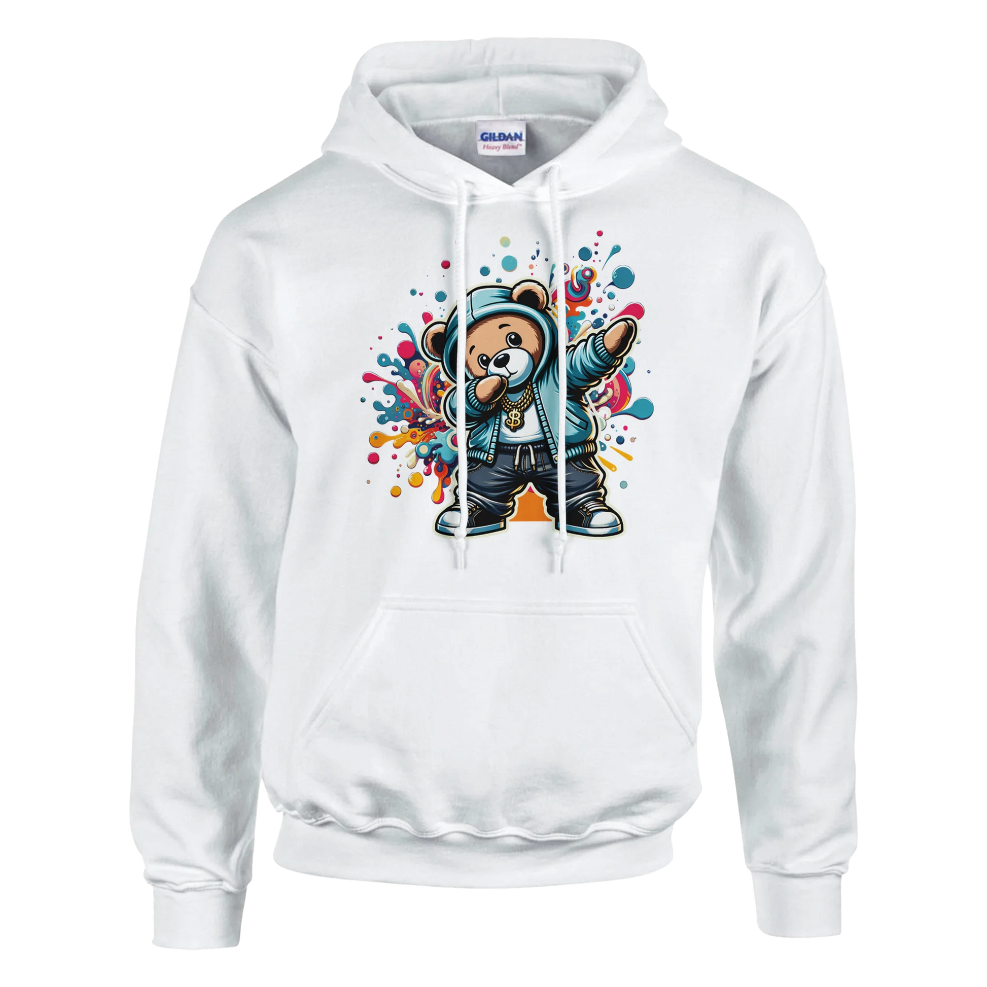 White men's teddy bear hoodie with a colorful bear graphic on a white background