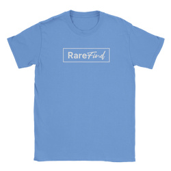 Blue women's T-shirt with white RareFind logo inside a rectangular border.