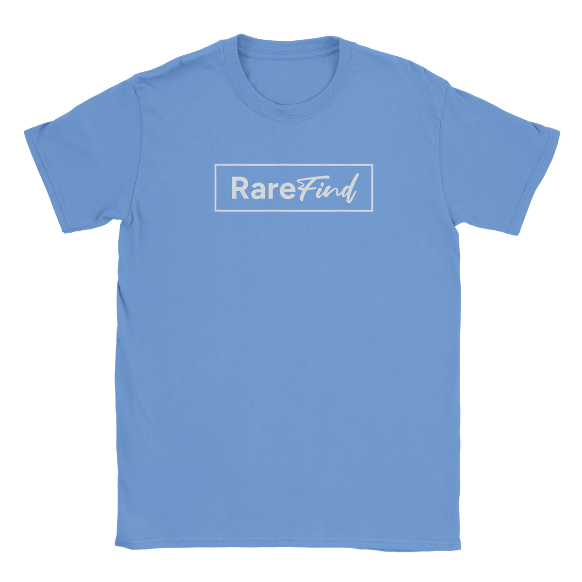 Blue women's T-shirt with white RareFind logo inside a rectangular border.