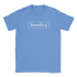 Blue women's T-shirt with white RareFind logo inside a rectangular border.