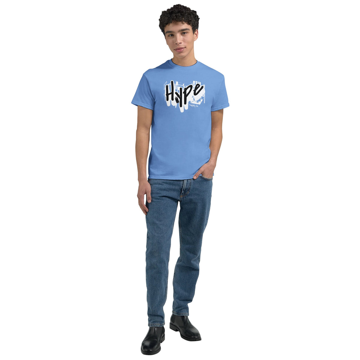 Male model wearing blue Hype T-shirt with white splash graphic, cotton blend crew neck.
