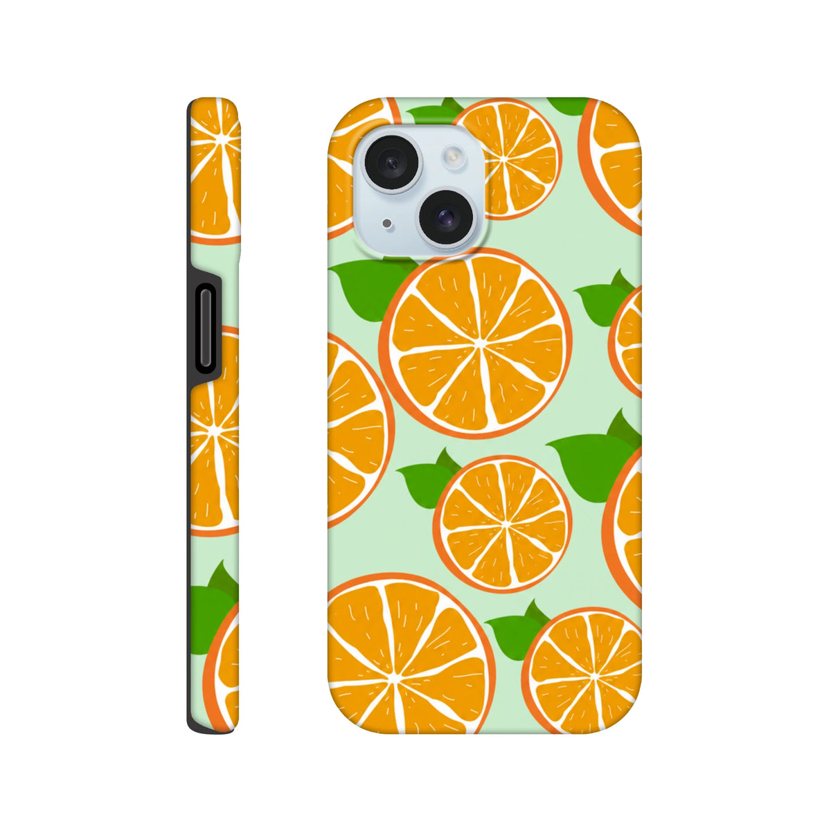 Tough orange fruit pattern iPhone case with citrus slices and green leaves on mint background for drop protection.